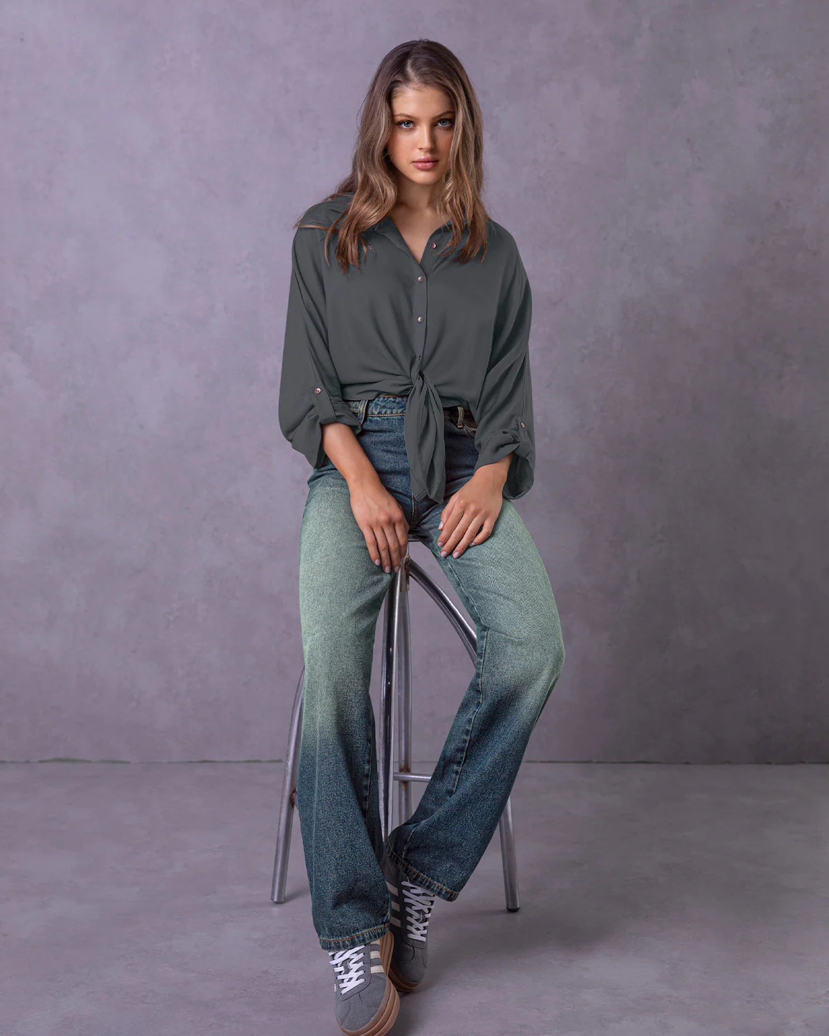 Blusa manga larga abotonable con charreteras en mangas - Image 8