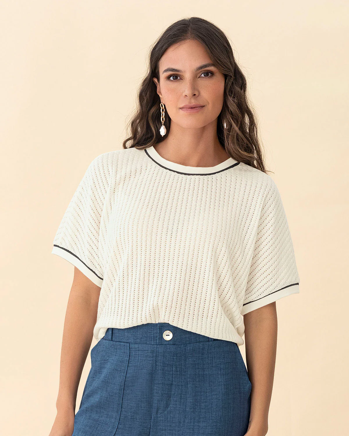 Camiseta manga corta cuello y puños tejidos